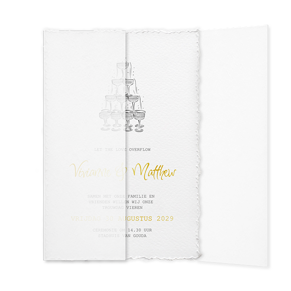 Trouwkaart met geschept papier en kalkpapier omslag