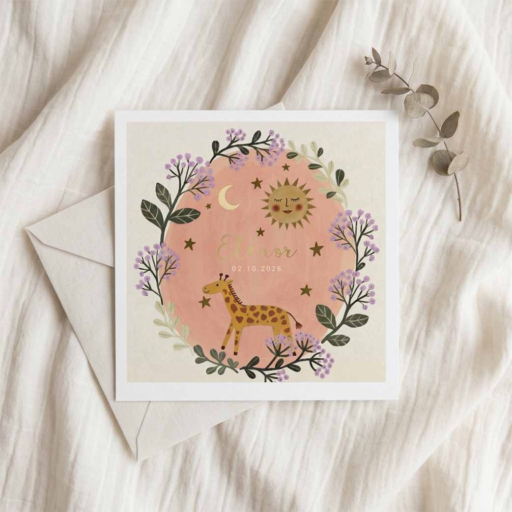Geboortekaartje meisje giraf zon bloemen