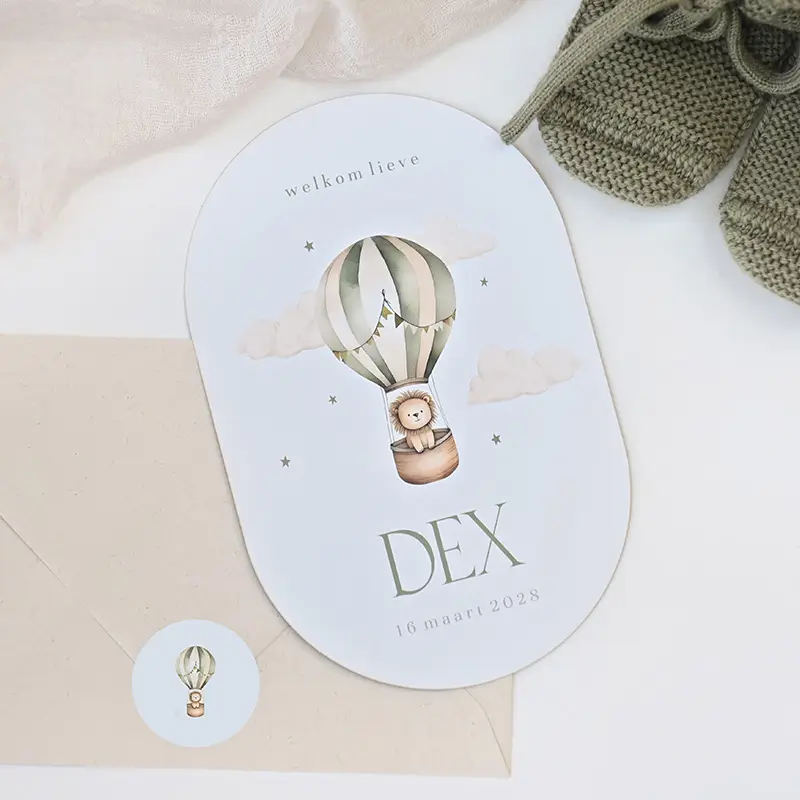 Ovaal geboortekaartje met groene luchtballon en leeuwtje