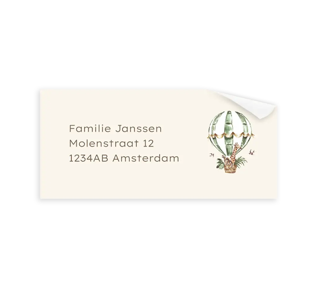 Adressticker met groene luchtballon en jungledieren