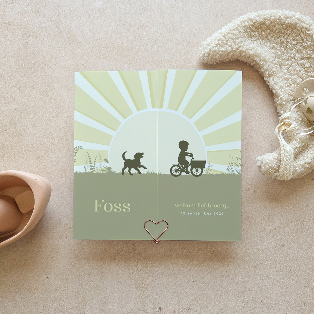 Geboortekaartje jongen met theatervouw en silhouet jongen op fiets