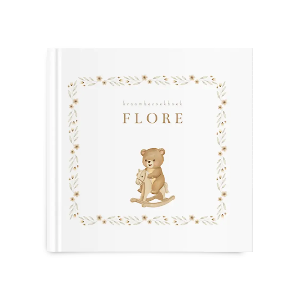 Kraambezoekboek met beer op schommelpaard en bloemenkader