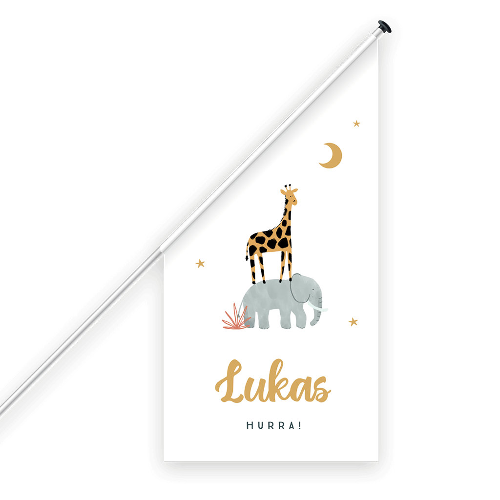 Geburtsfahne mit Giraffe, Elefant, Mond und Sternen