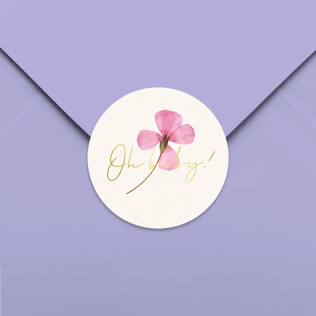 Sluitsticker rond met gedroogde bloem en goudfolie - per vel