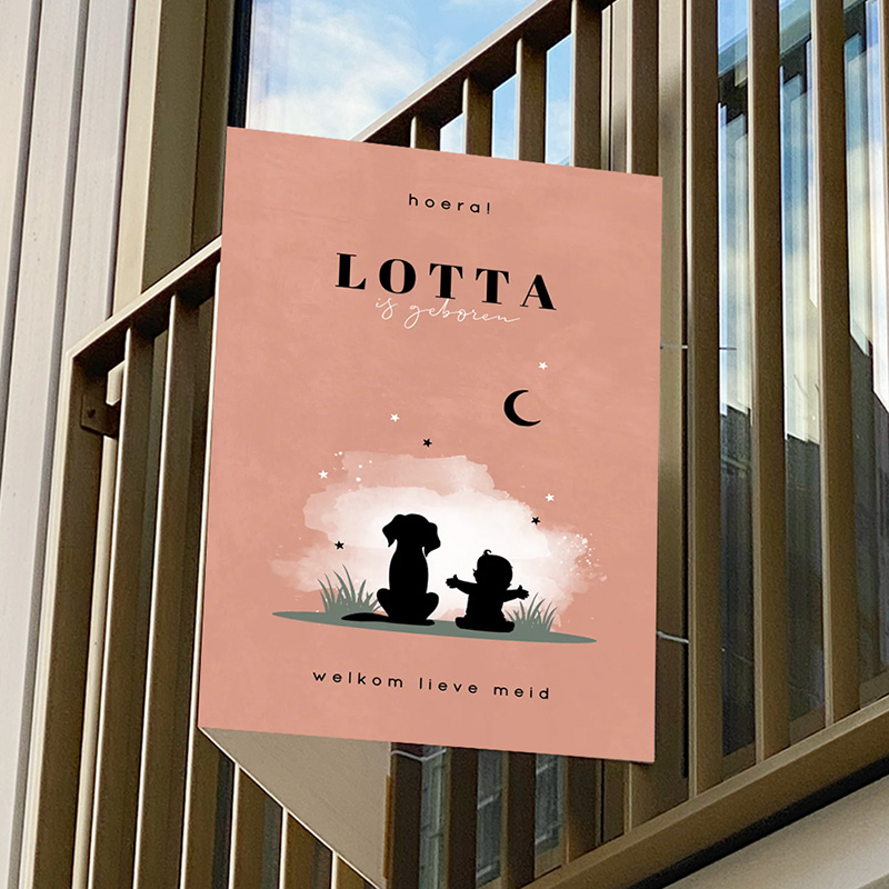 Dubbel roze raambord met silhouet meisje en hondje