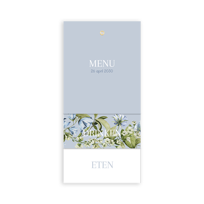 Vintage menukaart bruiloft met blauwe bloemen