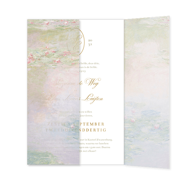Klassieke trouwkaart - kalkpapier omslag met waterlelies van Monet
