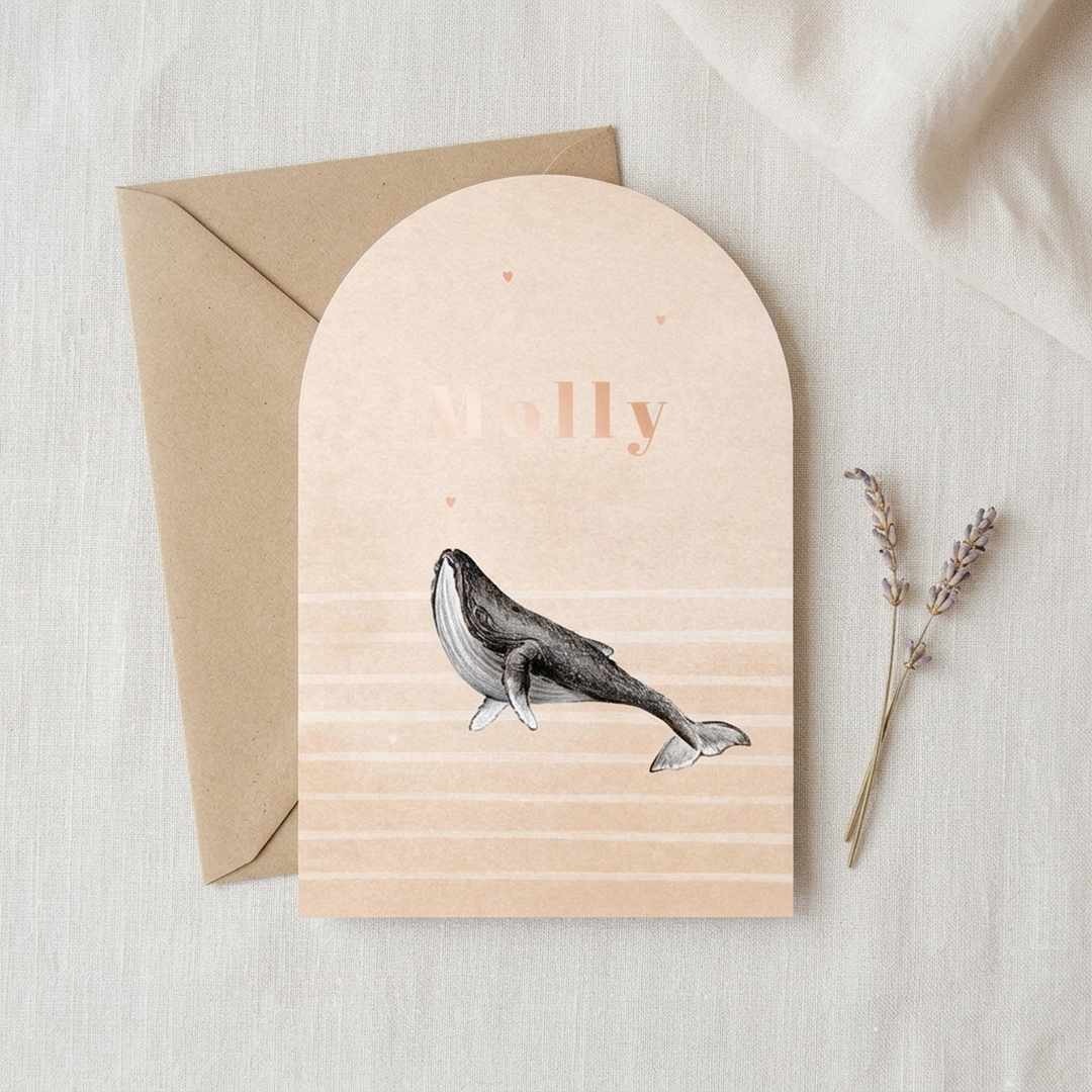 Geboortekaartje meisje met walvis, streepjes en hartjes