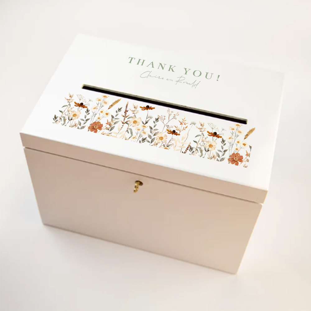 Enveloppenkist hout wit huwelijk beige veld bloemen