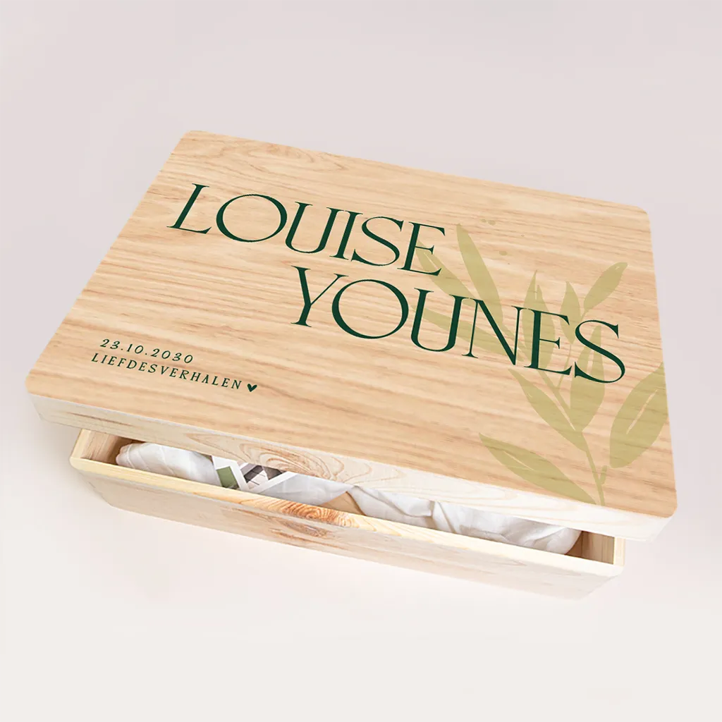 Bruiloft memorybox typografisch in groen met olijftakje