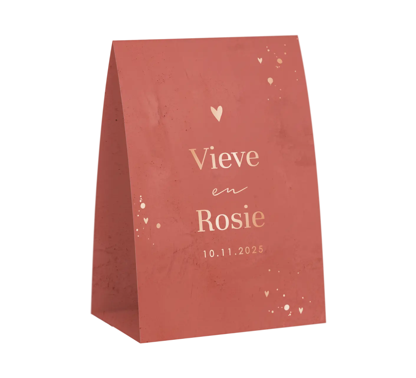 Tentvorm geboortekaartje tweeling met roségoudfolie voor meisjes