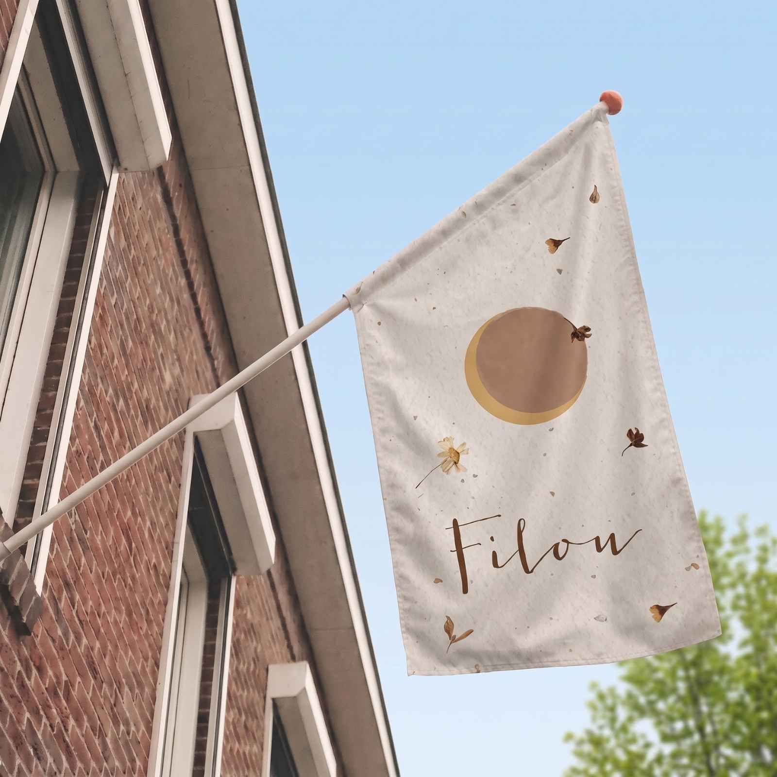 Geboortevlag droogbloemen maan zon