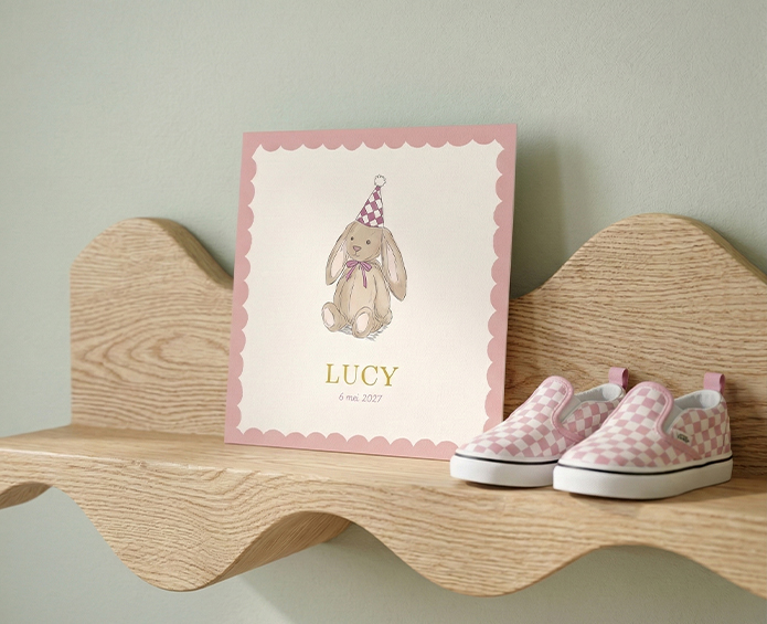 Geboortekaartje vierkant getekend konijntje roze Lucy