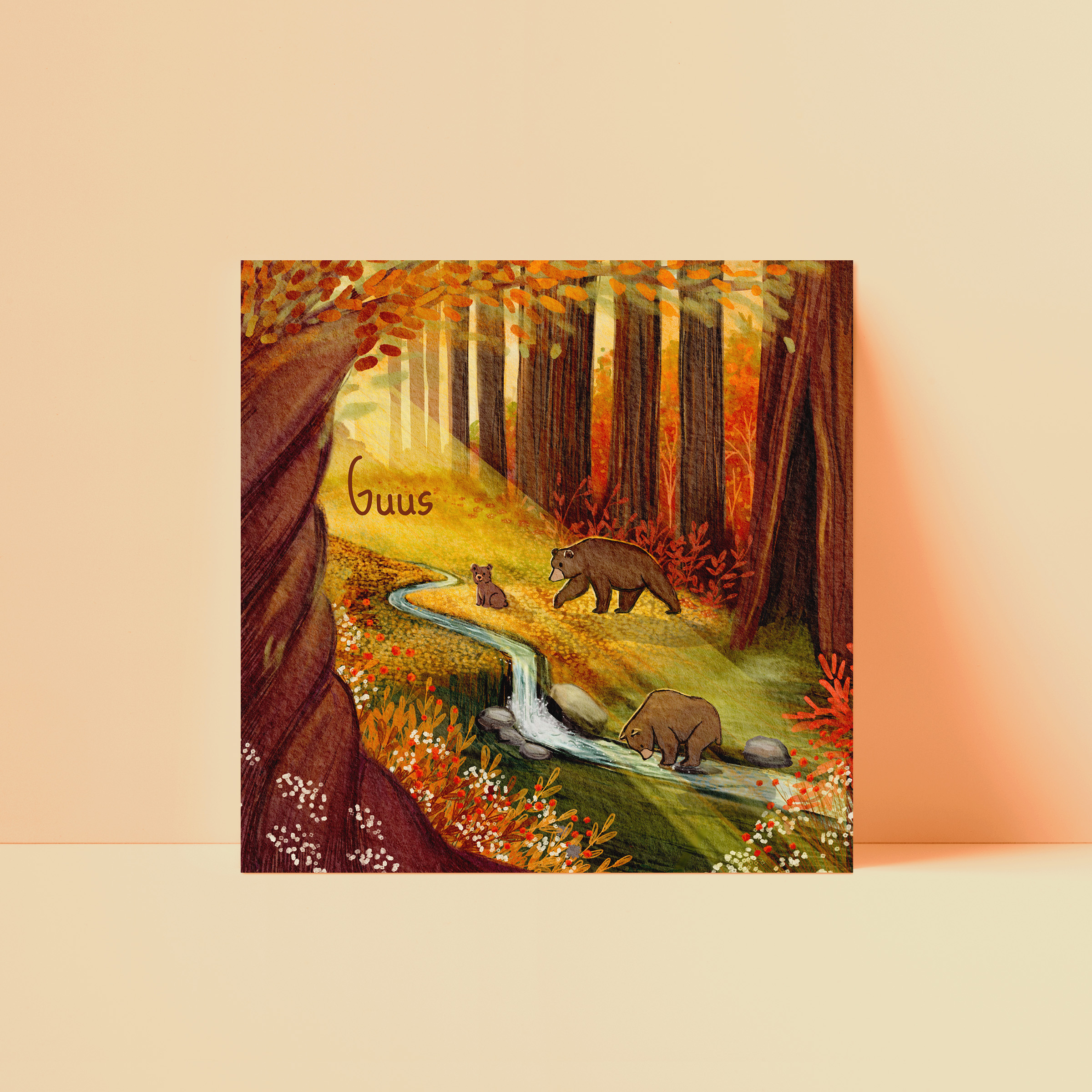 Geboortekaartje met familie beren in een herfstbos