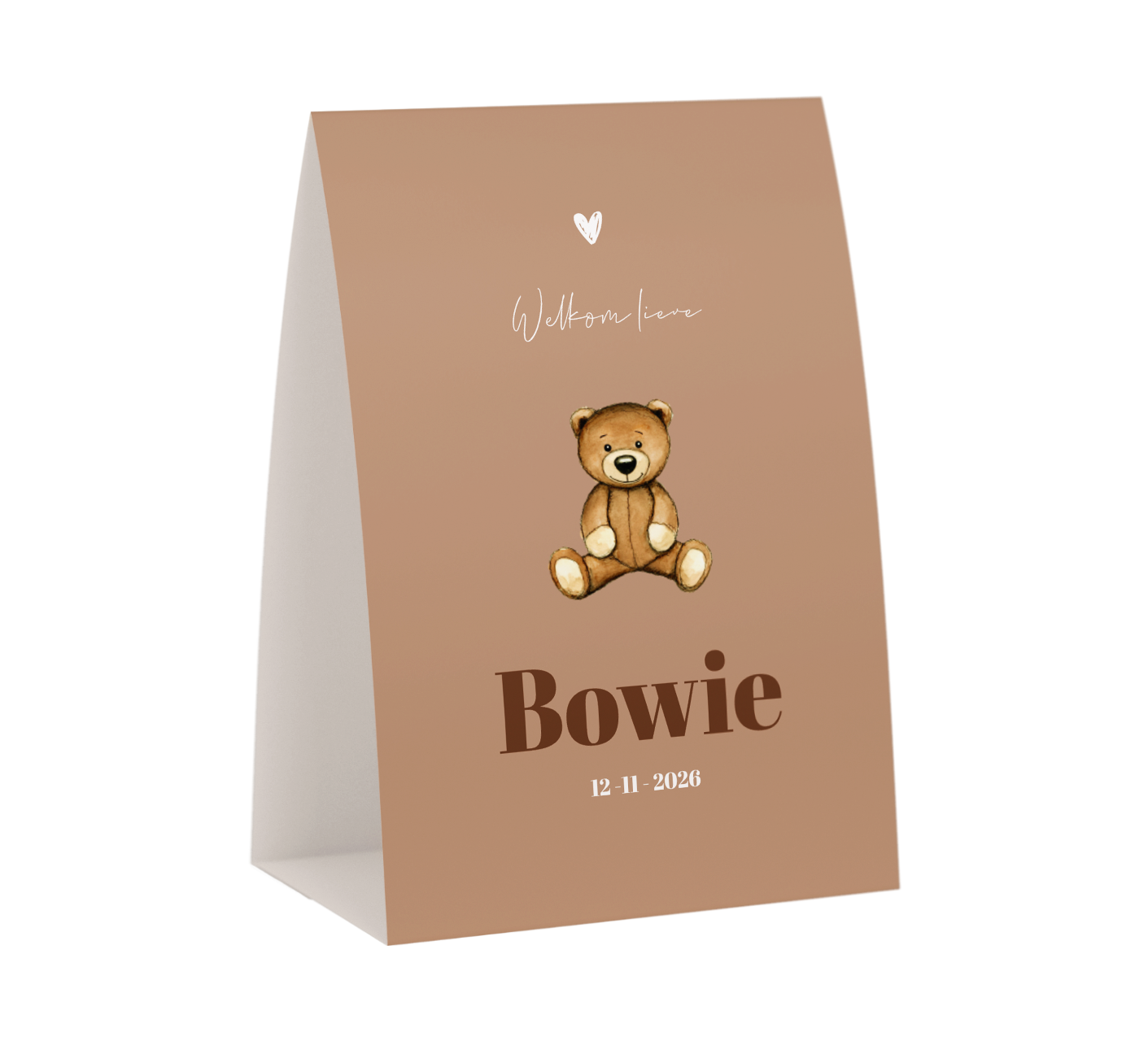 Bruin geboortekaartje met teddybeer in tentvorm
