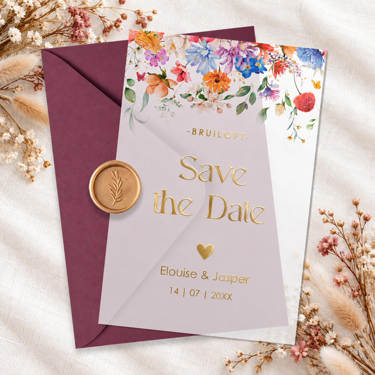 Save the Date kaart kalkpapier kleurrijke bloemen goudfolie