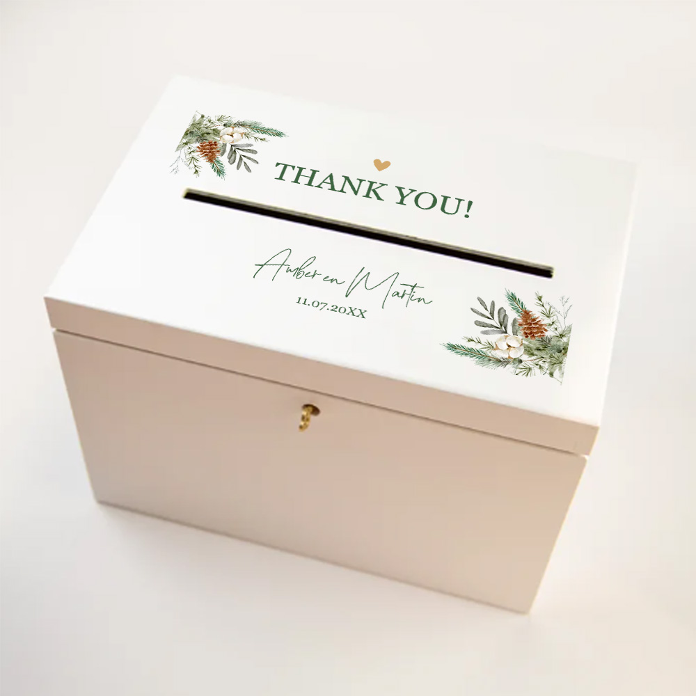 Enveloppenkist hout wit huwelijk kerst takjes groen