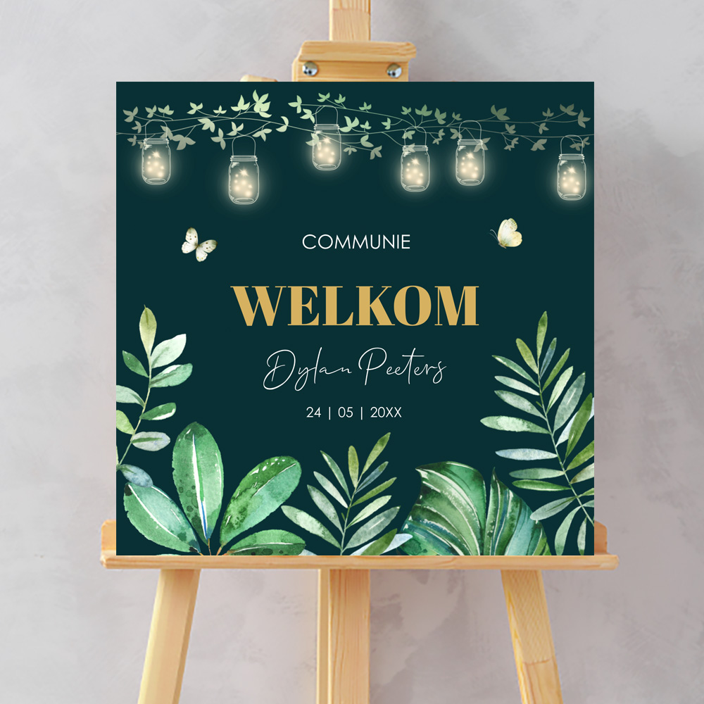 Welkomstbord communie jongen groen bladeren lampjes