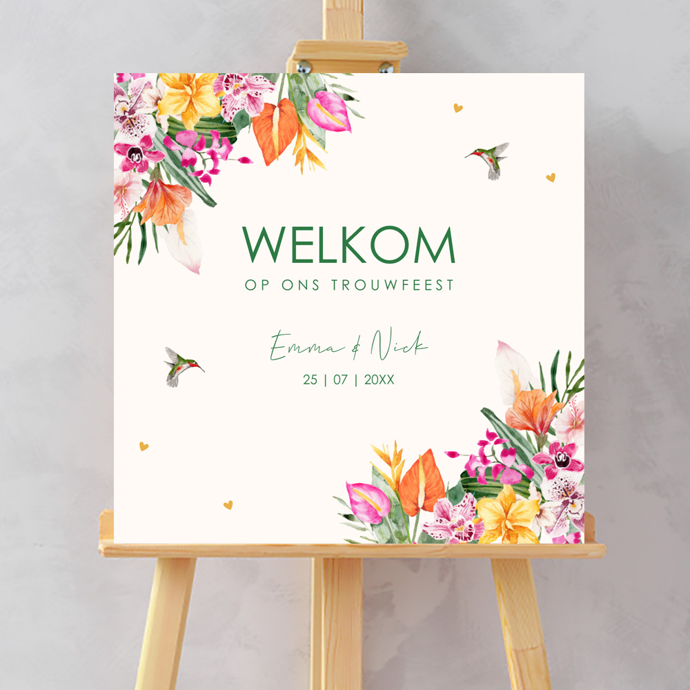 Welkomstbord huwelijk tropische bloemen roze