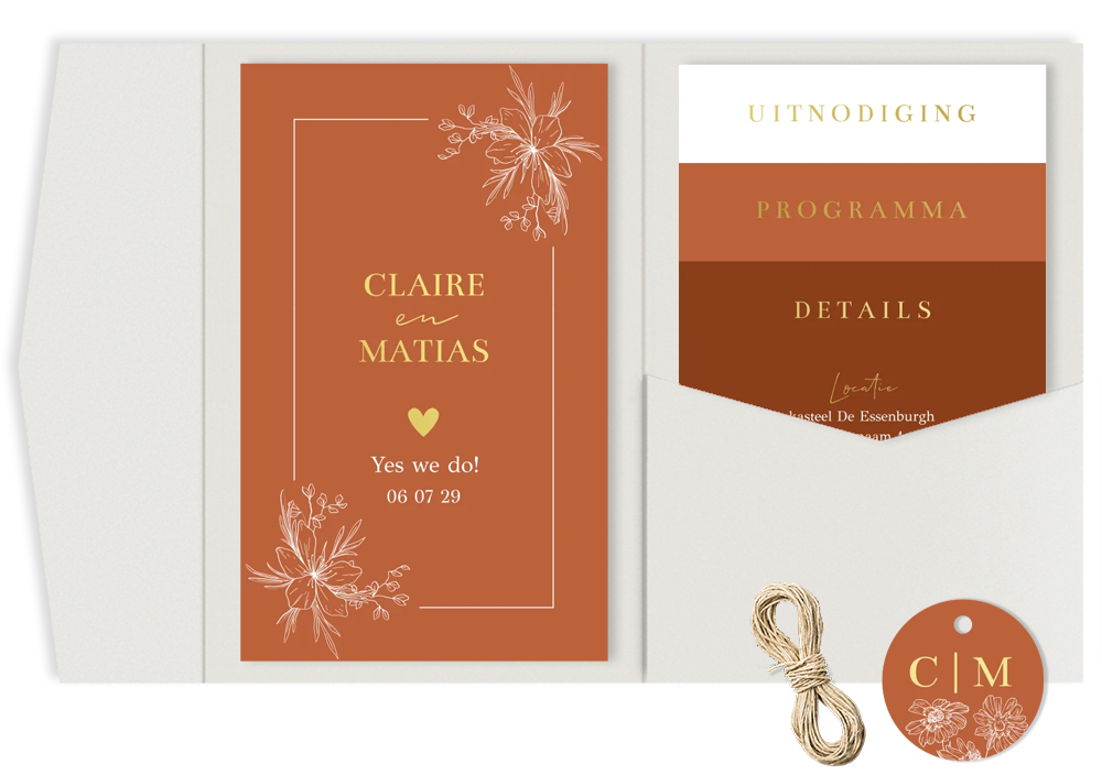 Pocketfold set trouwkaart bloemen roestbruin goudfolie