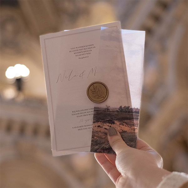 Klassieke trouwkaart met kader en roze accenten