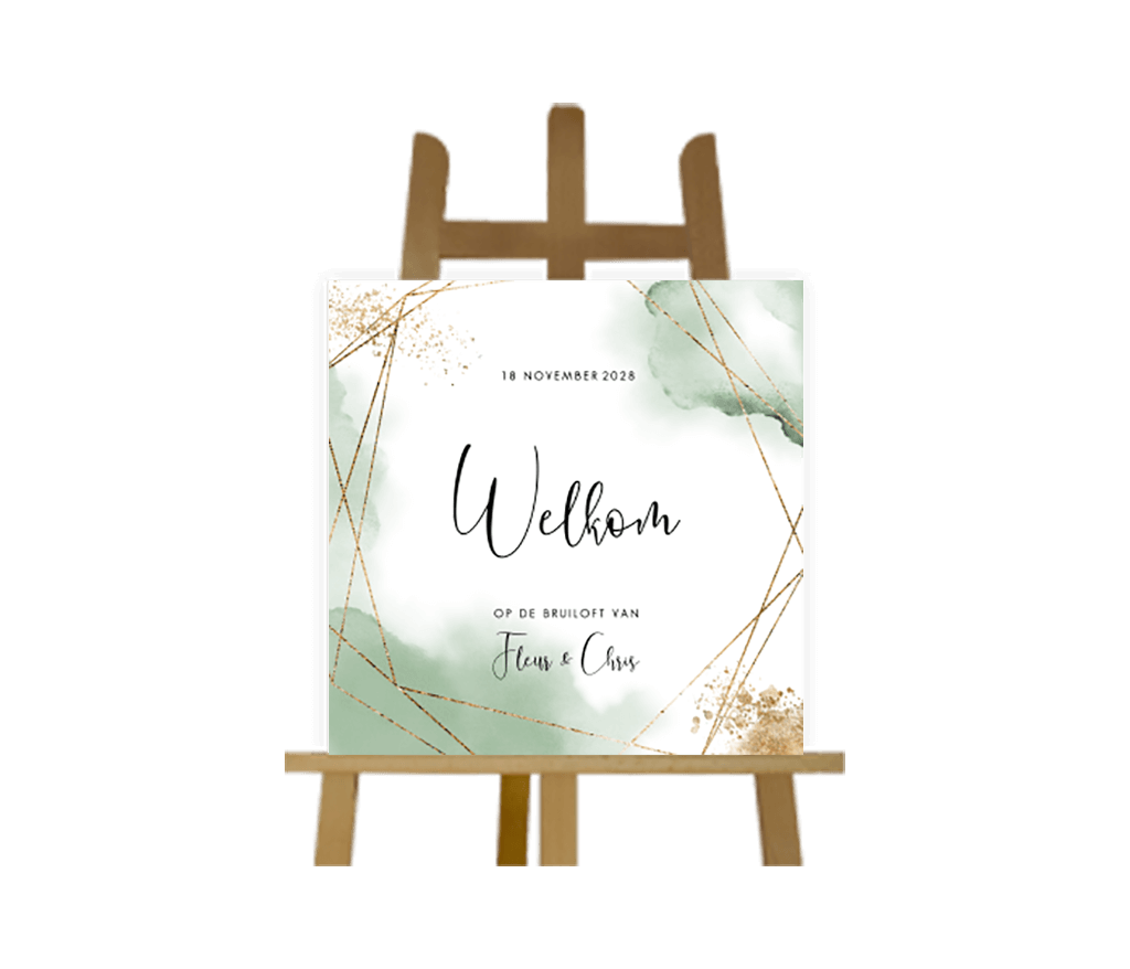 Bruiloftsbord met groene waterverf en gouden geometrische vormen