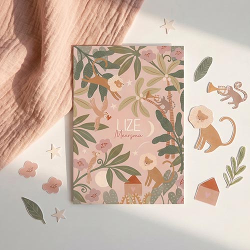 Geboortekaartje meisje jungle dieren zachte roze kleuren