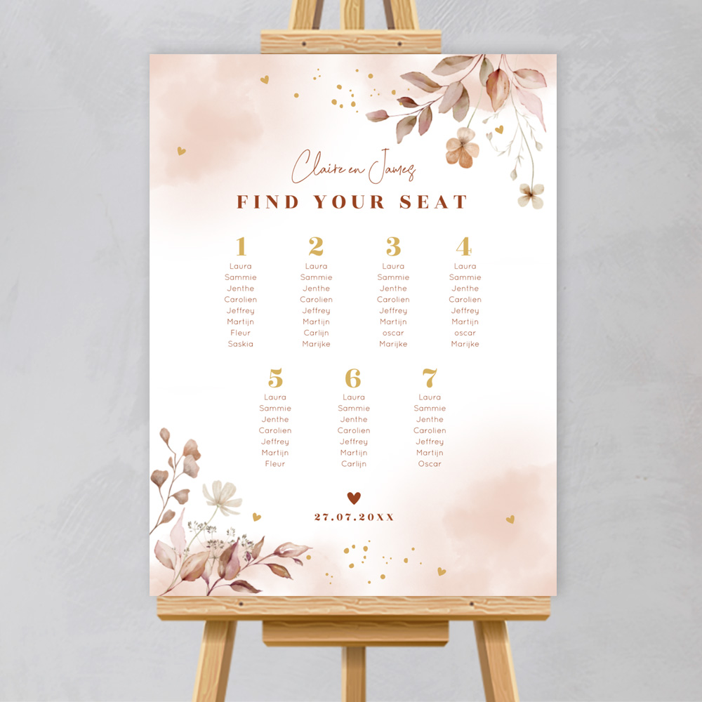 Tafelschikking bord bruiloft terracotta roze bloemen