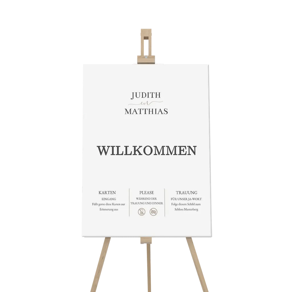 Schlichtes Willkommensschild mit Namen und Hinweisen