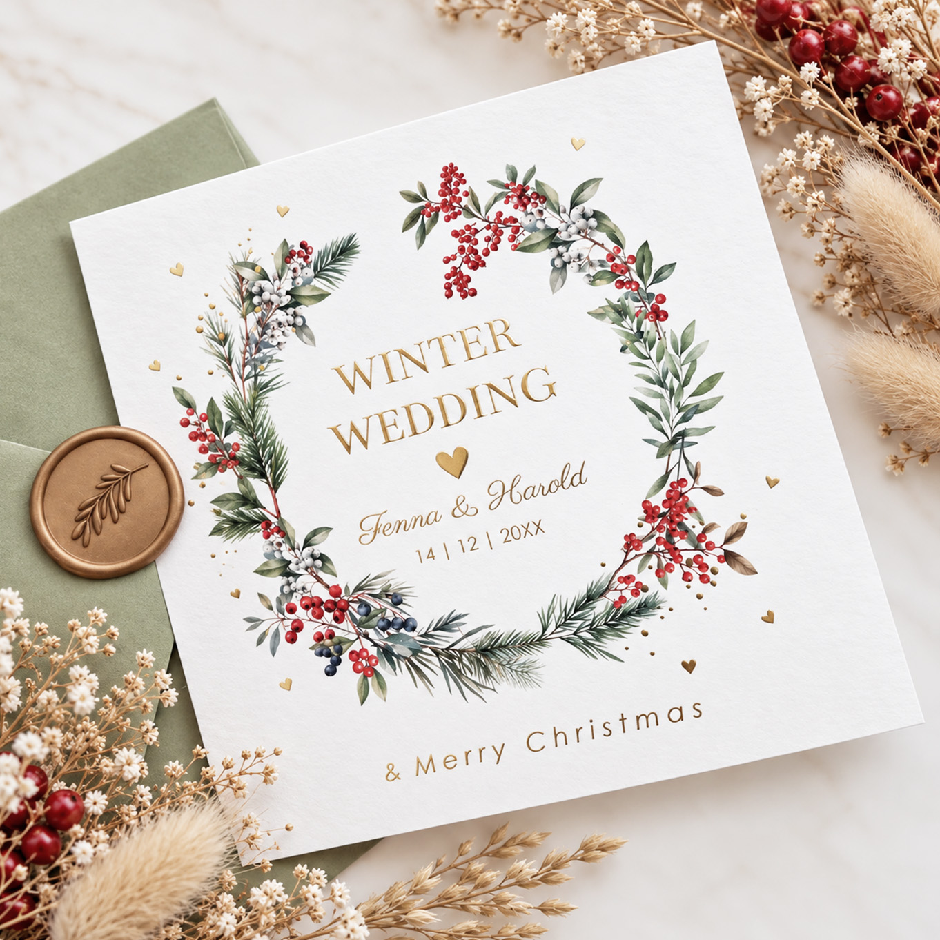Winter wedding trouwkaart kerst krans Red Berries Christmas