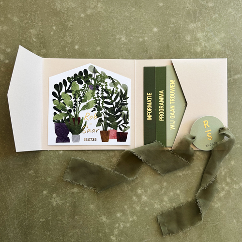 Pocketfold trouwkaart kas illustratie groen portret