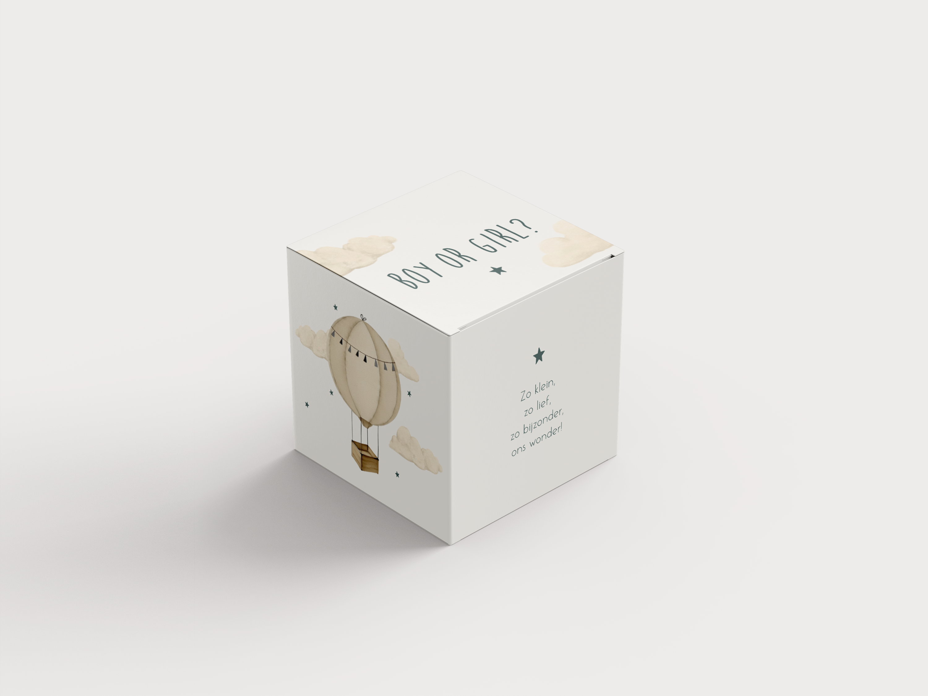 Bedankdoosje gender reveal met luchtballon en wolkjes