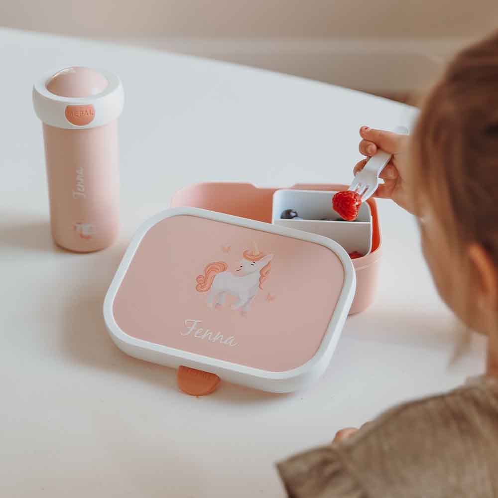 Mepal broodtrommel Campus met eenhoorn, vlinders en naam