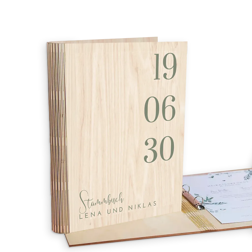Stammbuch Hochzeit Holz mit Schrift in Grün