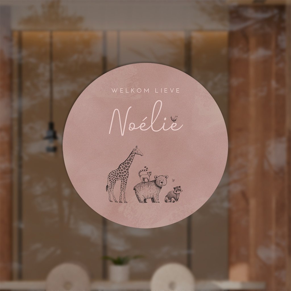 Oudroze raamsticker met getekende jungledieren