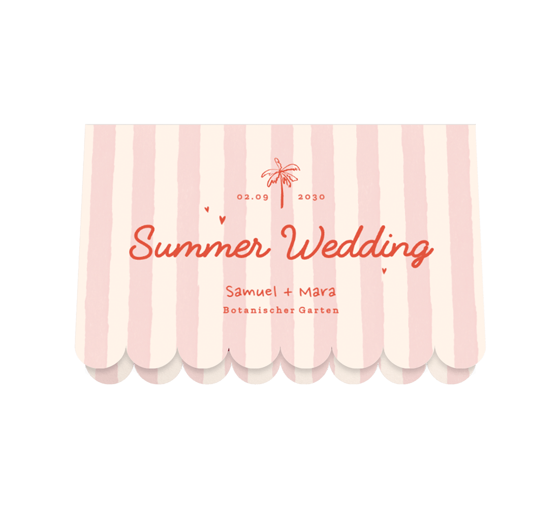 Sommerliche Hochzeitseinladung mit rosa Streifen und Palmenillustrationen