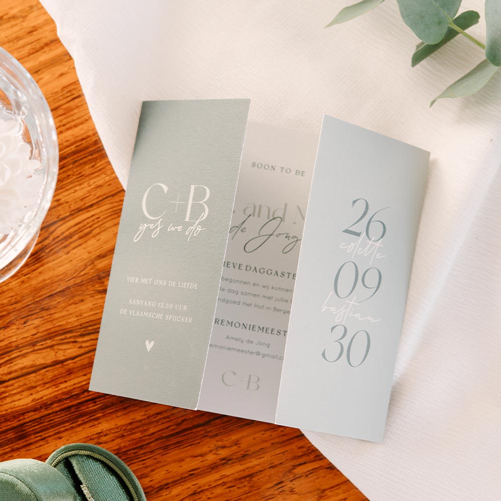 Trouwkaart met theatervouw in groen