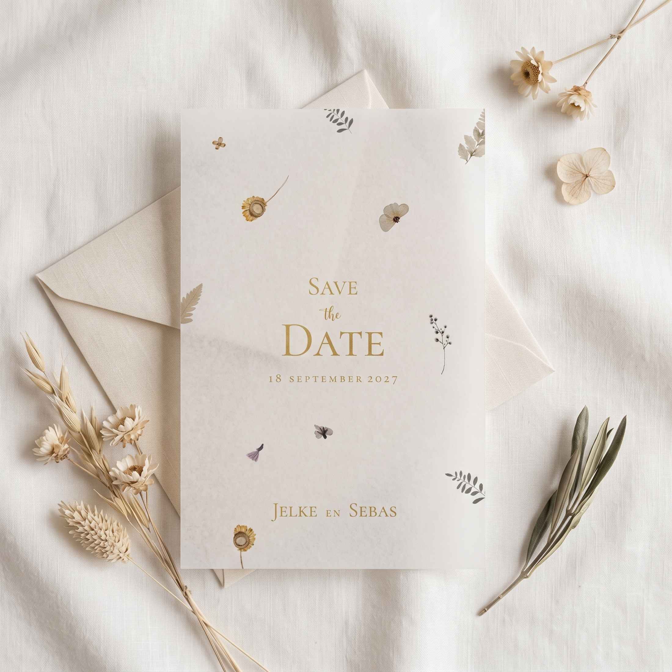 Save the Date kalkpapier goudfolie droogbloemen