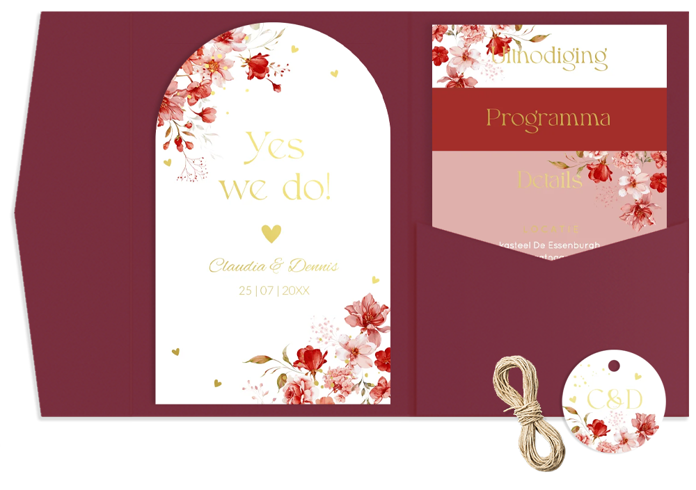 Pocketfold trouwkaart rood roze bloemen goudfolie