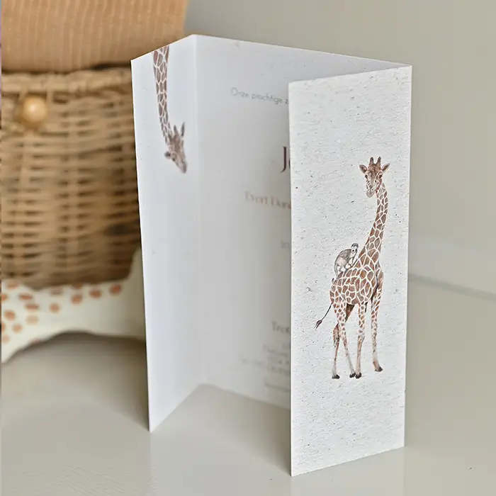 Theatervouw geboortekaartje unisex met giraf op kraft-look