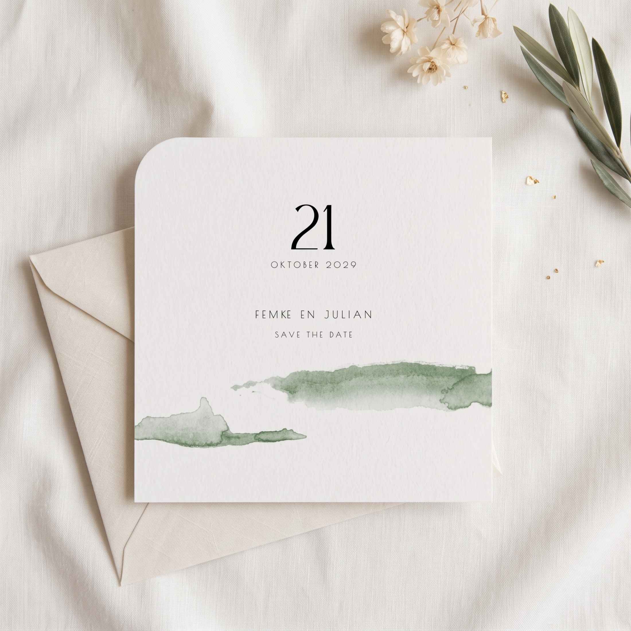 Save the Date minimalistisch watercolor groene vlekken