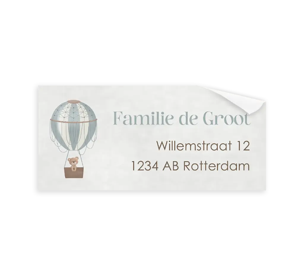 Adresstickers met beertje in blauwe luchtballon