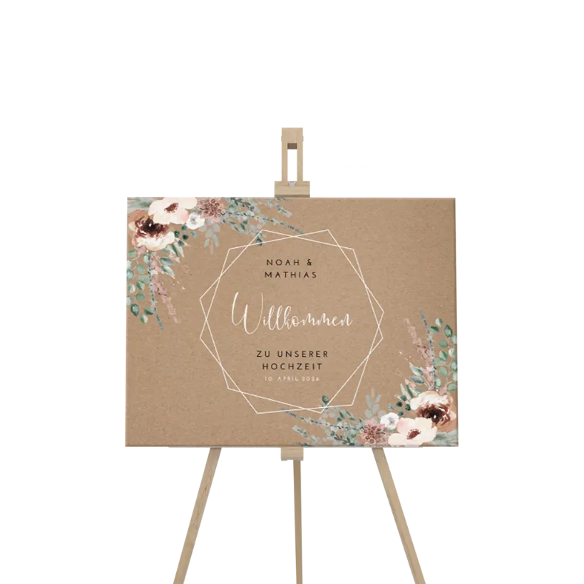 Willkommensschild im Kraft-Look mit Blumen und Ästchen