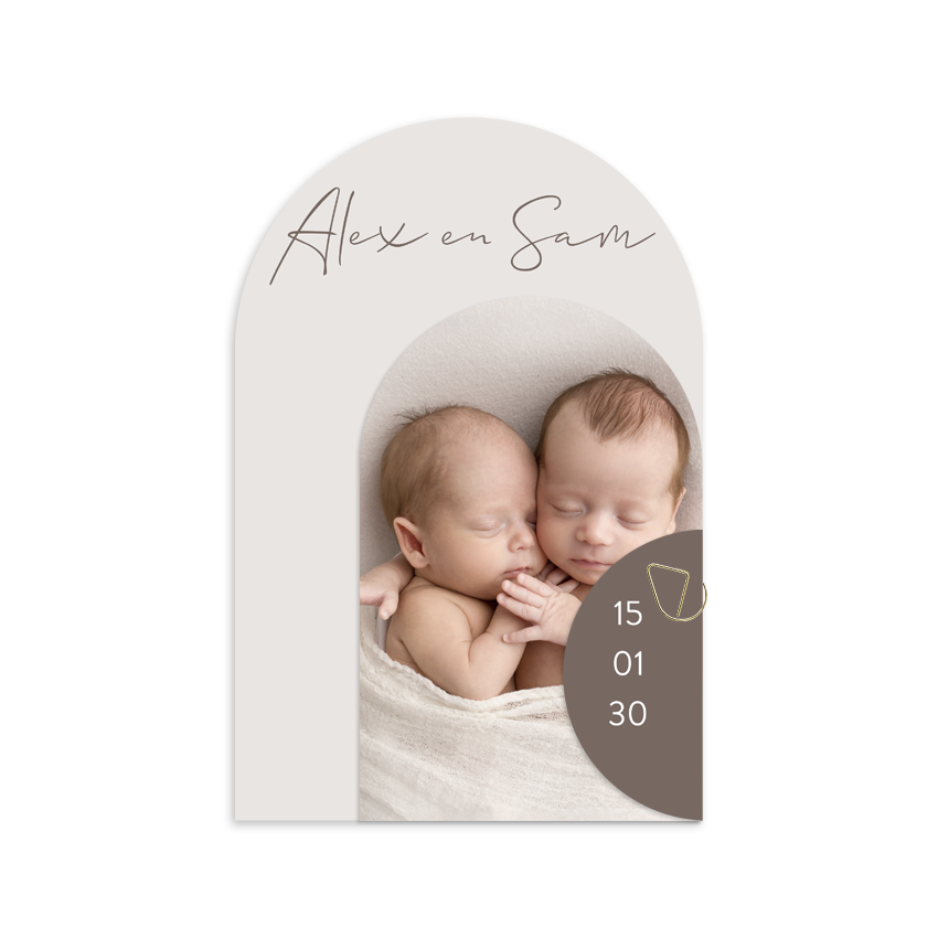 Tweeling geboortekaartje met drie lagen en foto taupe