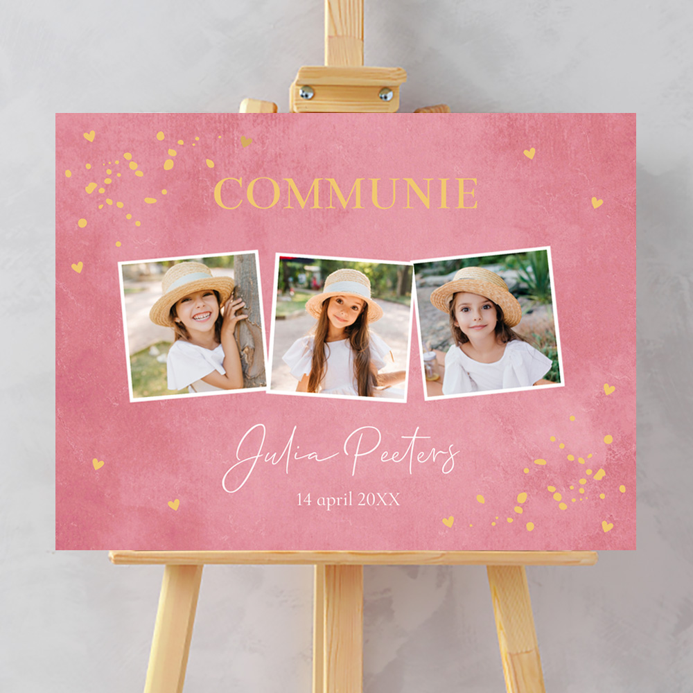 Welkomstbord communie meisje roze fotocollage