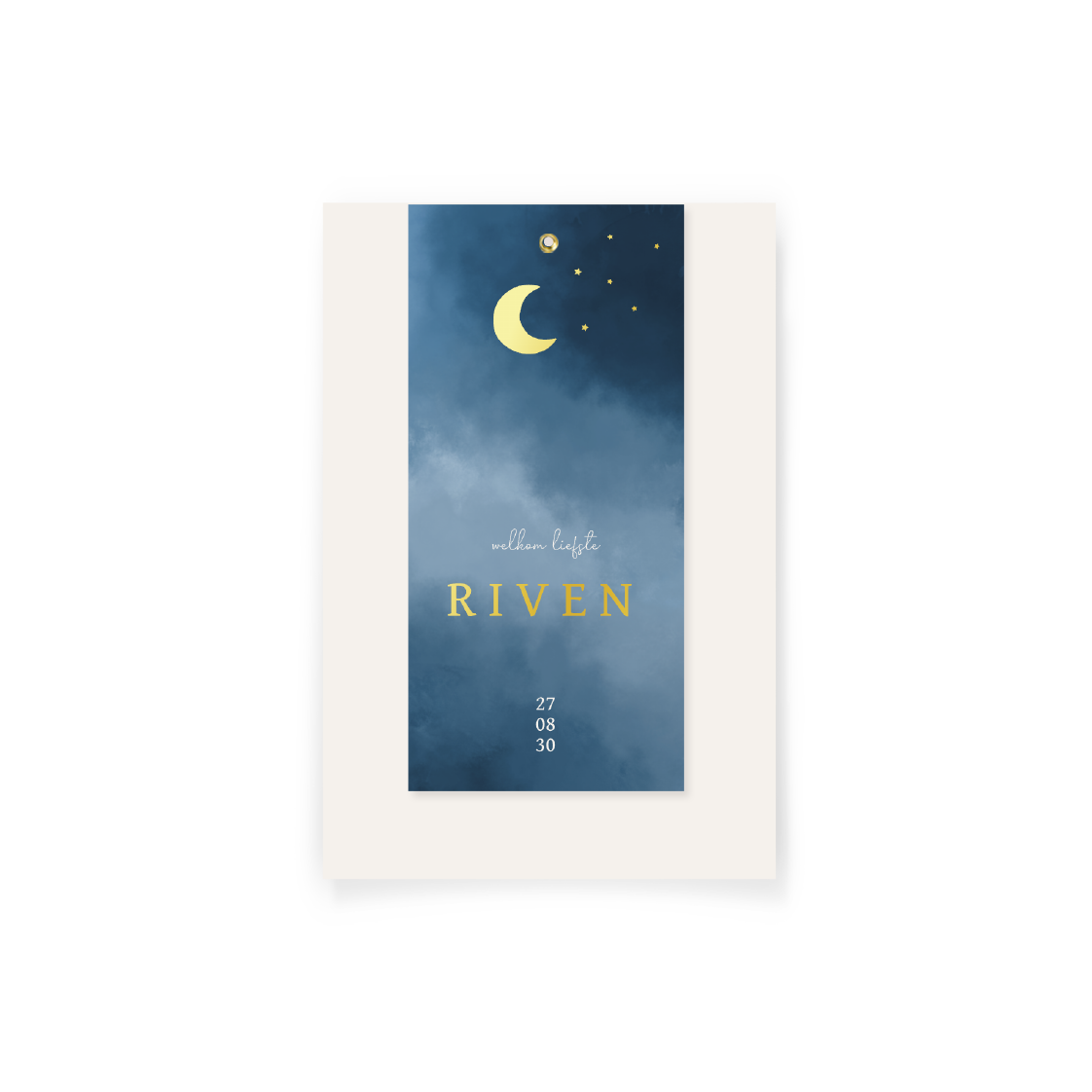 Label geboortekaartje blauw met goudfolie maan