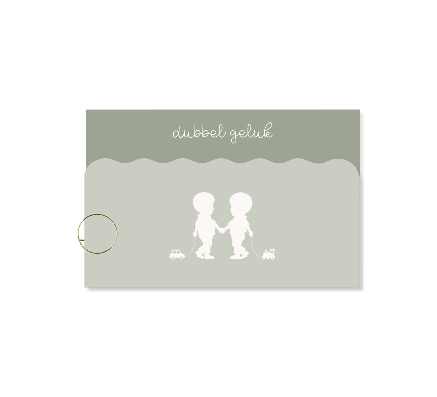 Origineel label geboortekaartje tweeling met silhouetjes en golfrandje