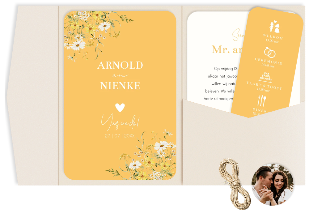 Pocketfold trouwkaart set geel bloemen