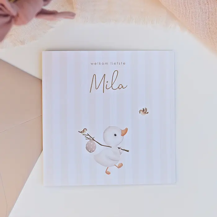 Geboortekaartje met eendje en vogels meisje