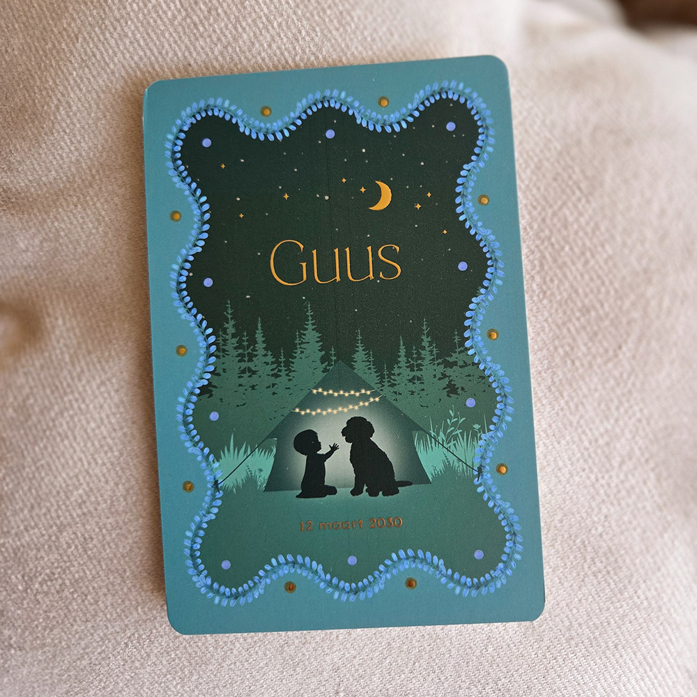 Boho eclectic geboortekaartje jongen met silhouet jongen en hond